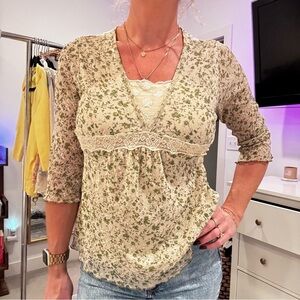 Euro Micromesh Women's Babydoll Dainty Floral Cream Lace Top Lettuce Trim Size M
